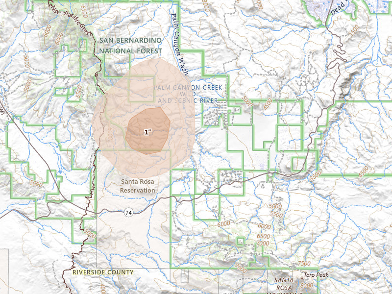 Radar-estimated hail-size map of the storm over Mountain Center, CA on Aug 10, 2026