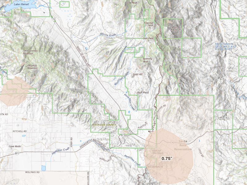 Radar-estimated hail-size map of the storm over Mountain Center, CA on Sep 24, 2026