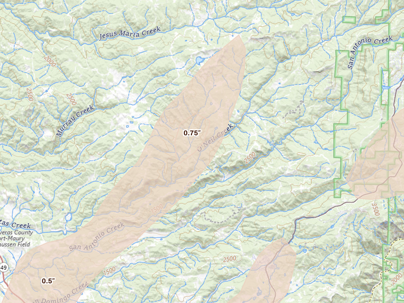 Radar-estimated hail-size map of the storm over Mountain Ranch, CA on Apr 10, 2026