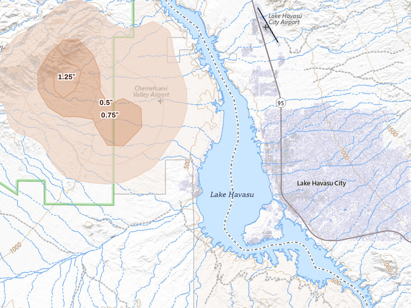 Radar-estimated hail-size map of the storm over Needles, CA on Aug 12, 2026