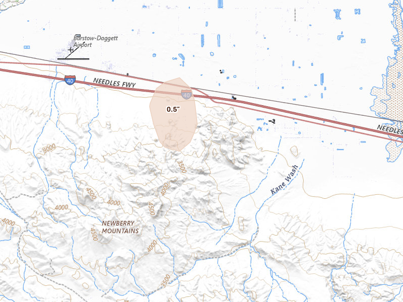 Radar-estimated hail-size map of the storm over Newberry Springs, CA on Aug 10, 2026
