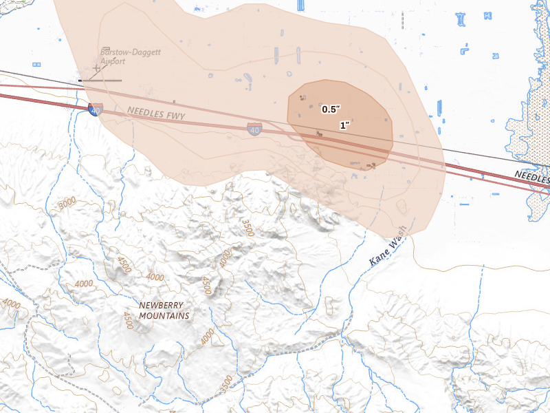 Radar-estimated hail-size map of the storm over Newberry Springs, CA on Aug 11, 2026