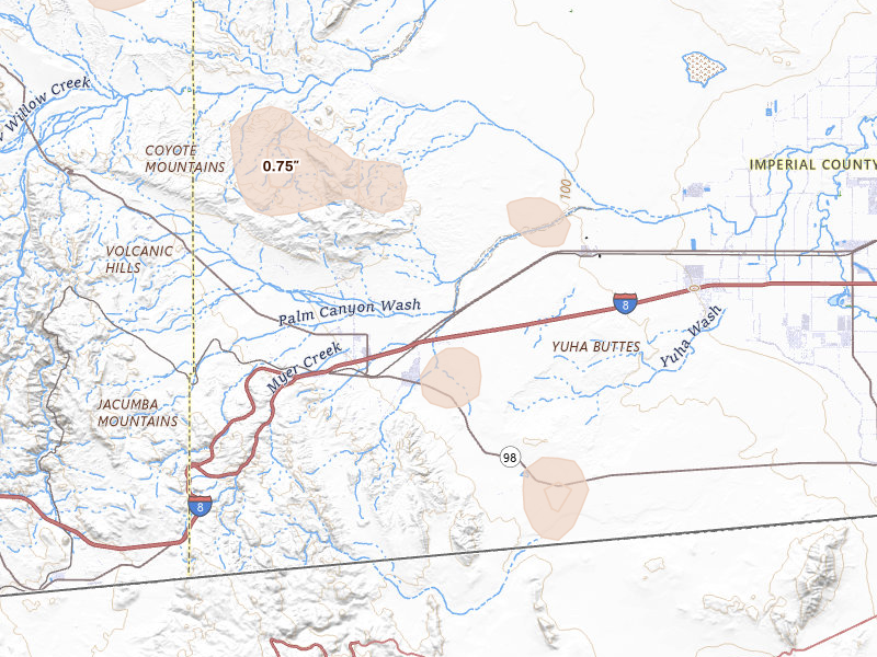 Radar-estimated hail-size map of the storm over Ocotillo, CA on Aug 10, 2026