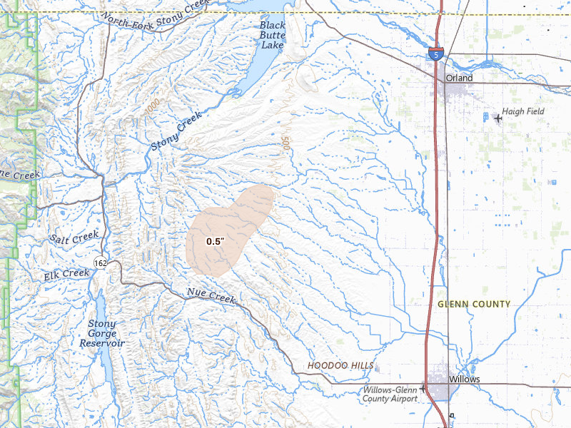 Radar-estimated hail-size map of the storm over Orland, CA on Apr 21, 2026