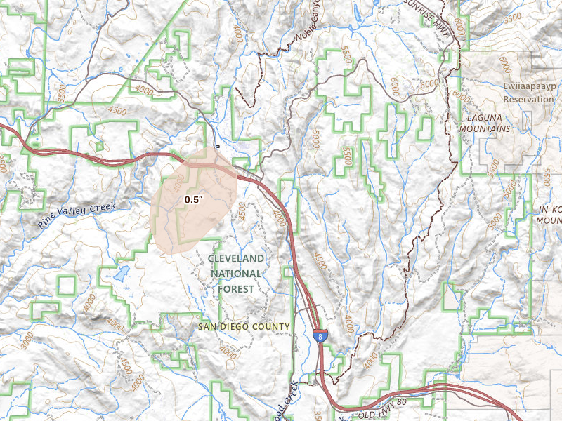 Radar-estimated hail-size map of the storm over Pine Valley, CA on Aug 20, 2026