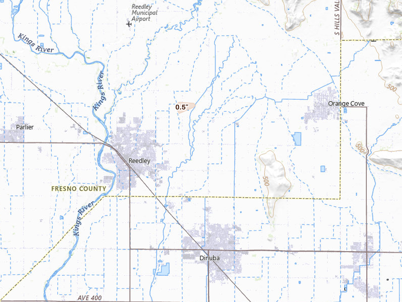 Radar-estimated hail-size map of the storm over Reedley, CA on Apr 21, 2026