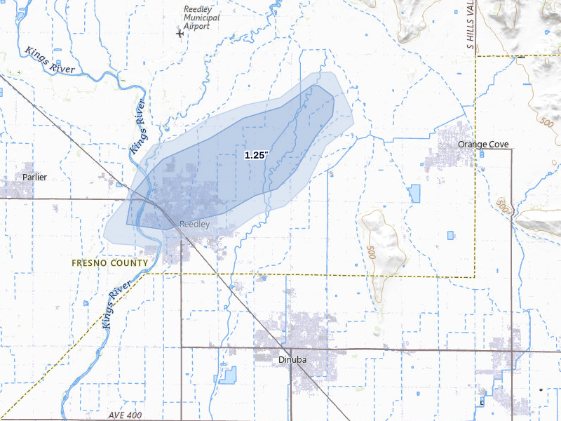 NEXRAD radar-signature map of the hail storm over Reedley, CA on Apr 21, 2026