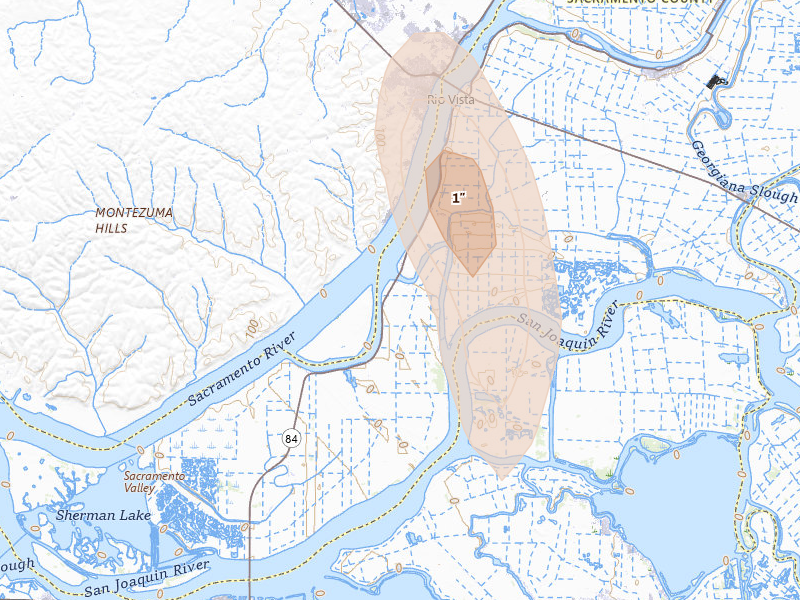 Radar-estimated hail-size map of the storm over Rio Vista, CA on Apr 10, 2026
