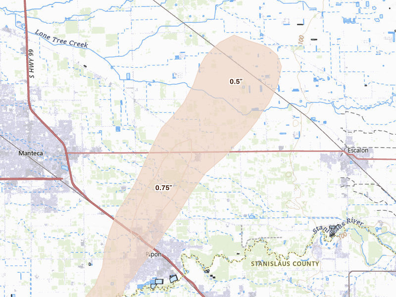 Radar-estimated hail-size map of the storm over Ripon, CA on Apr 10, 2026