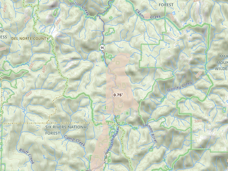 Radar-estimated hail-size map of the storm over Somes Bar, CA on Apr 9, 2026