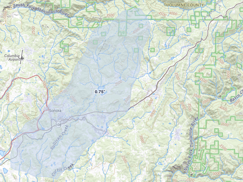 NEXRAD radar-signature map of the hail storm over Sonora, CA on Apr 10, 2026