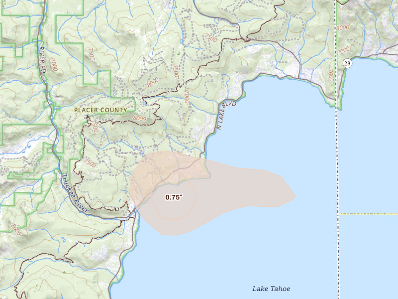 Radar-estimated hail-size map of the storm over Tahoe City, CA on Jun 18, 2026