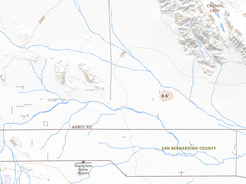Radar-estimated hail-size map of the storm over Twentynine Palms, CA on Aug 12, 2026