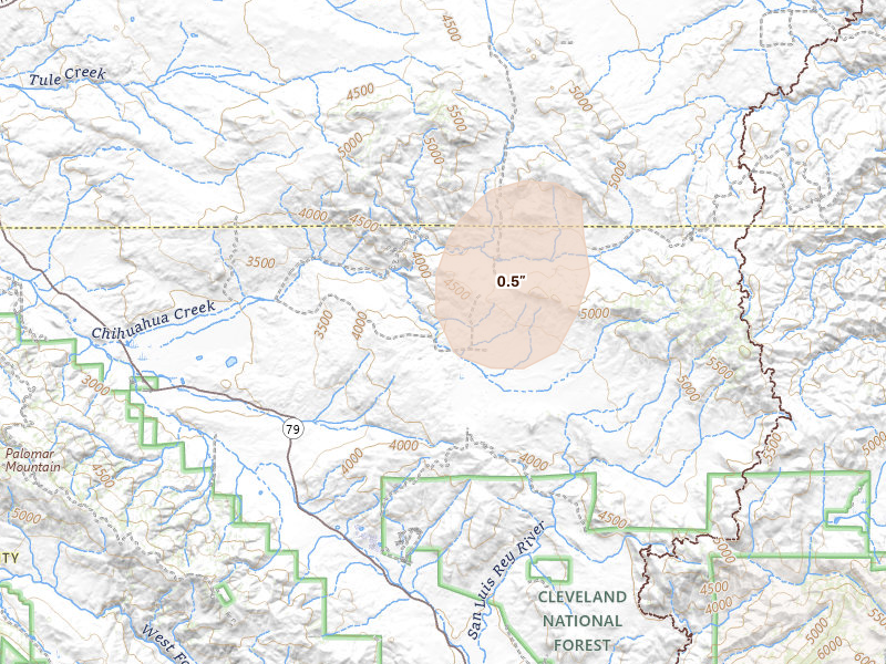 Radar-estimated hail-size map of the storm over Warner Springs, CA on Aug 9, 2026