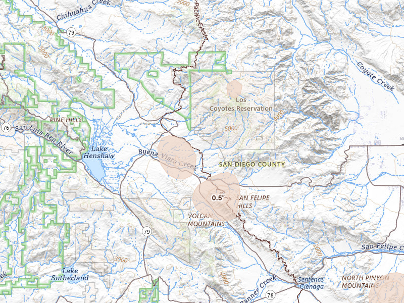 Radar-estimated hail-size map of the storm over Warner Springs, CA on Aug 11, 2026
