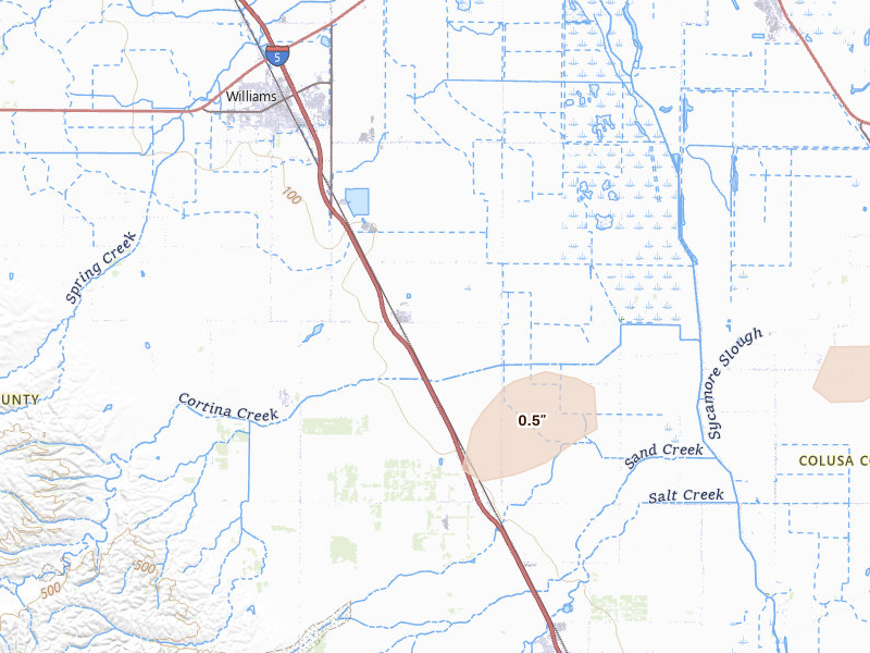 Radar-estimated hail-size map of the storm over Williams, CA on Apr 8, 2026