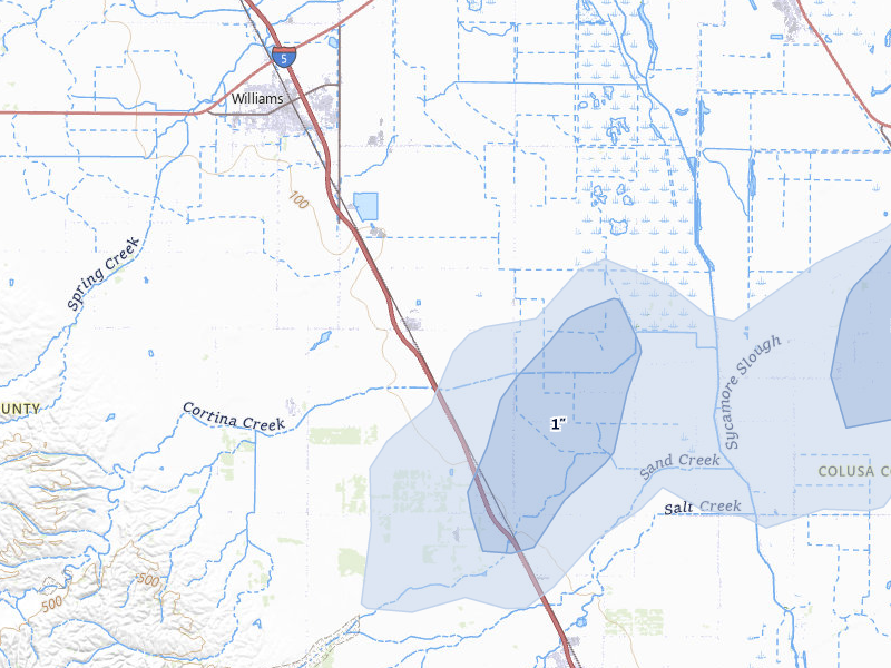 NEXRAD radar-signature map of the hail storm over Williams, CA on Apr 8, 2026