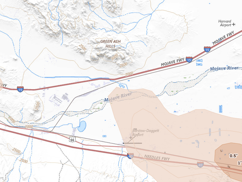 Radar-estimated hail-size map of the storm over Yermo, CA on Aug 11, 2026