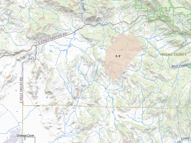 Radar-estimated hail-size map of the storm over Yokuts, CA on Apr 21, 2026