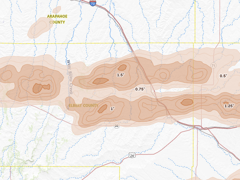 Radar-estimated hail-size map of the storm over Agate, CO on Jun 8, 2026