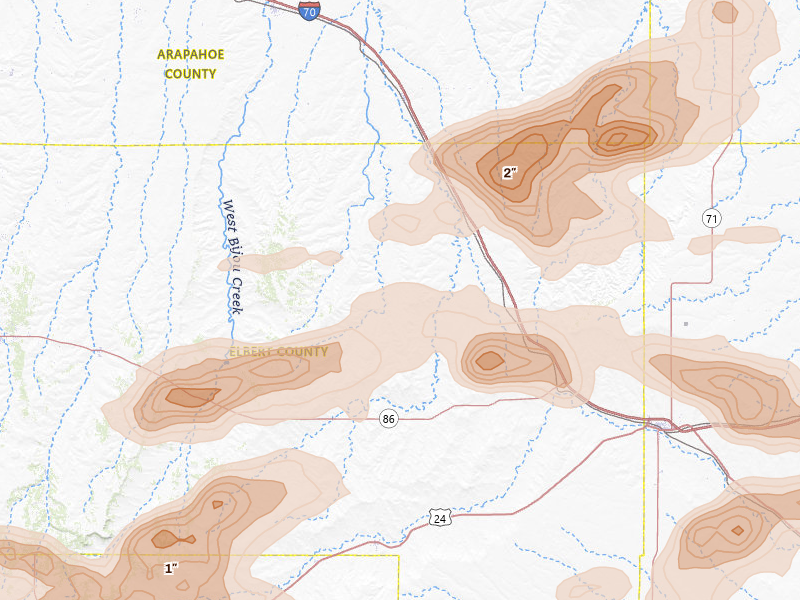 Radar-estimated hail-size map of the storm over Agate, CO on Jun 23, 2026