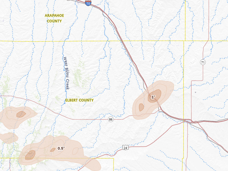 Radar-estimated hail-size map of the storm over Agate, CO on Jun 26, 2026
