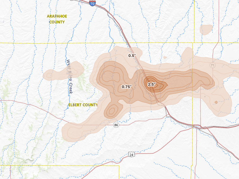 Radar-estimated hail-size map of the storm over Agate, CO on Jul 3, 2026