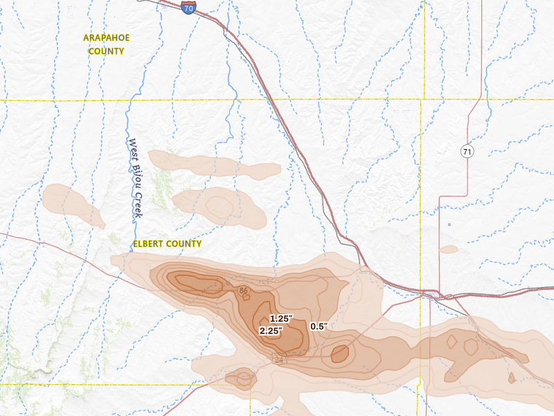 Radar-estimated hail-size map of the storm over Agate, CO on Aug 18, 2026