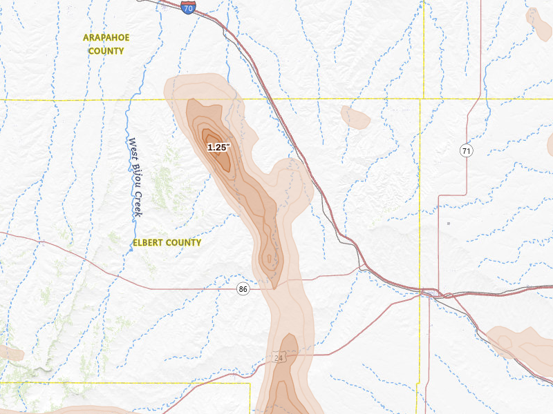 Radar-estimated hail-size map of the storm over Agate, CO on Aug 19, 2026
