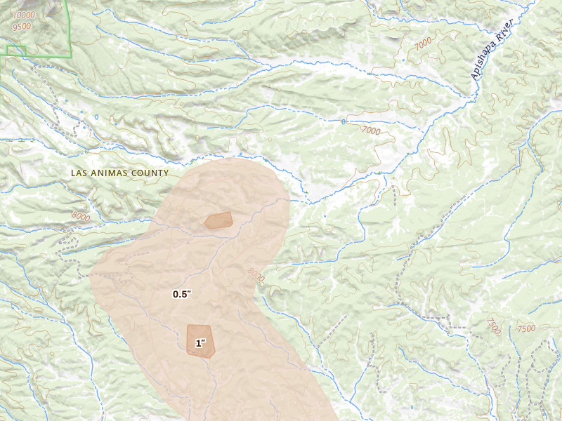 Radar-estimated hail-size map of the storm over Aguilar, CO on May 28, 2026