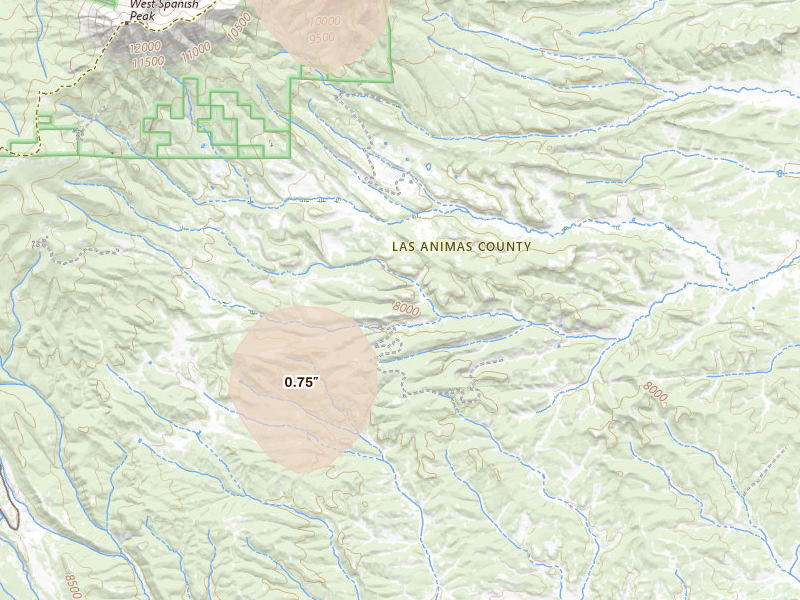 Radar-estimated hail-size map of the storm over Aguilar, CO on Aug 1, 2026