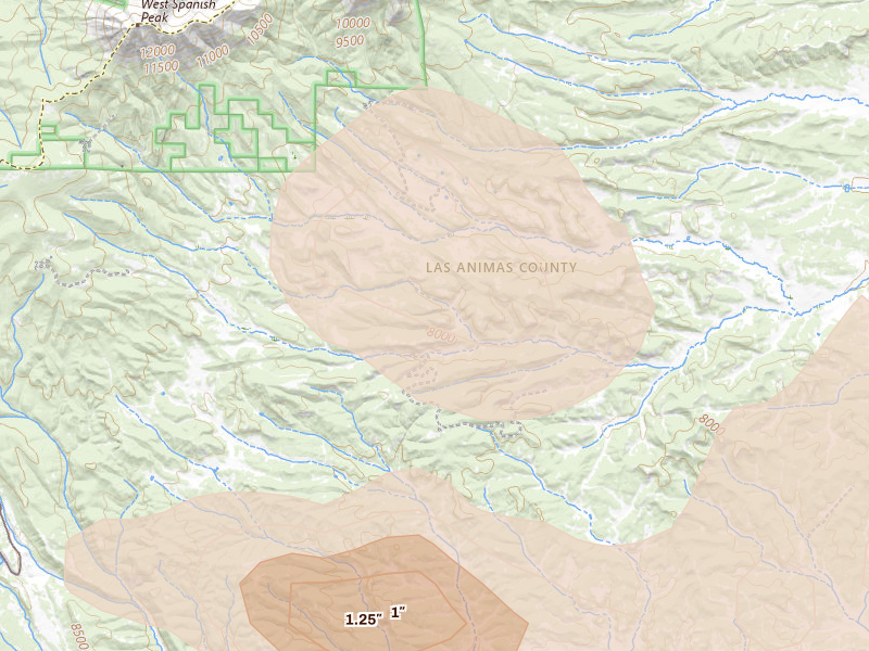 Radar-estimated hail-size map of the storm over Aguilar, CO on Aug 4, 2026