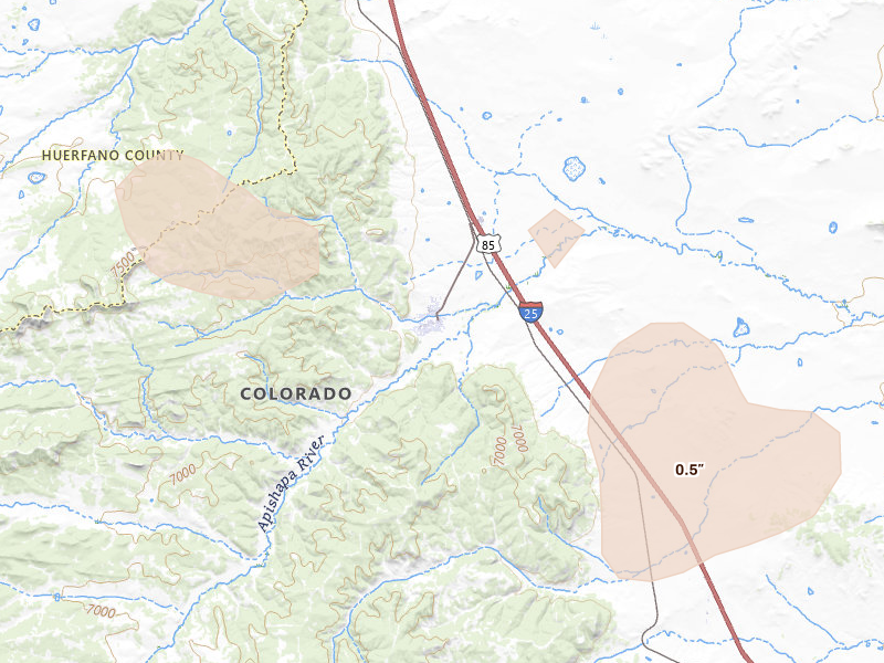 Radar-estimated hail-size map of the storm over Aguilar, CO on Aug 15, 2026