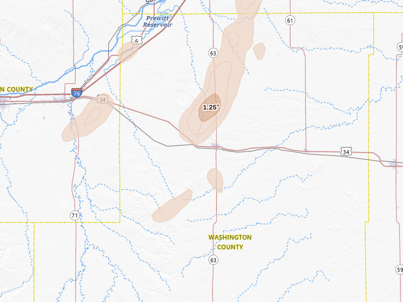 Radar-estimated hail-size map of the storm over Akron, CO on May 16, 2026