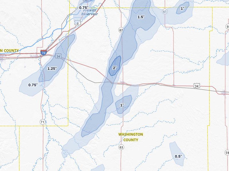 NEXRAD radar-signature map of the hail storm over Akron, CO on May 16, 2026