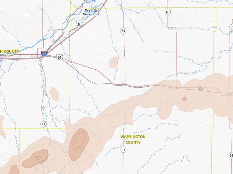 Radar-estimated hail-size map of the storm over Akron, CO on Jun 1, 2026