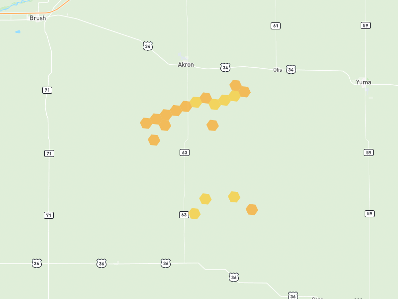 Hail map of Akron, CO on Jun 1, 2026, hail up to 1.25"