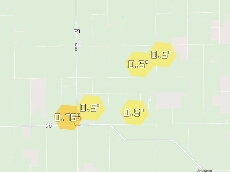 Hail map of Akron, CO on Jun 2, 2026, hail up to 0.75"