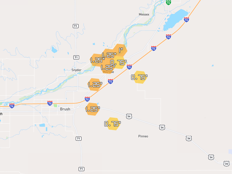 Hail map of Akron, CO on Jun 7, 2026, hail up to 1.25"