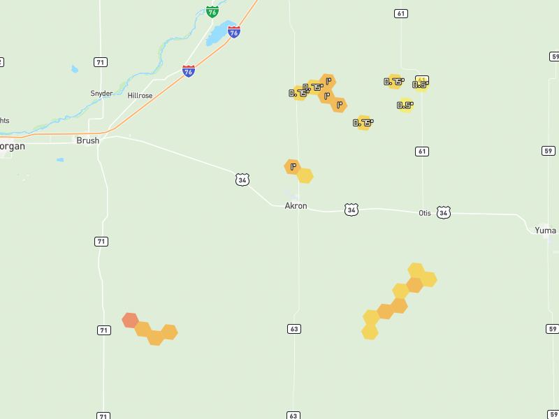 Hail map of Akron, CO on Jun 9, 2026, hail up to 1.5"