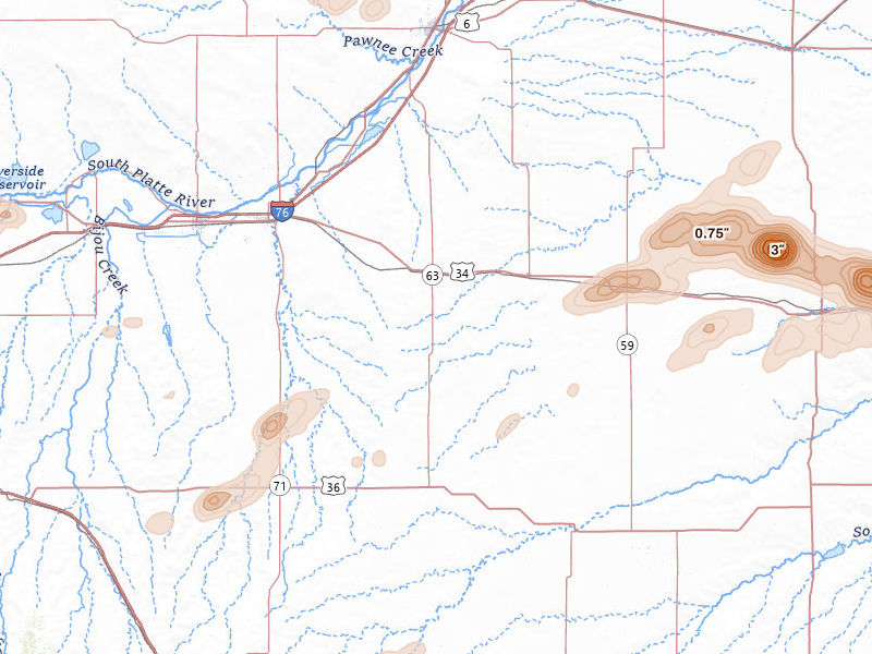Radar-estimated hail-size map of the storm over Akron, CO on Jun 20, 2026