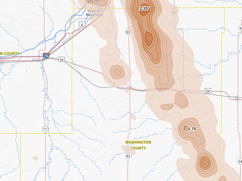 Radar-estimated hail-size map of the storm over Akron, CO on Jun 22, 2026