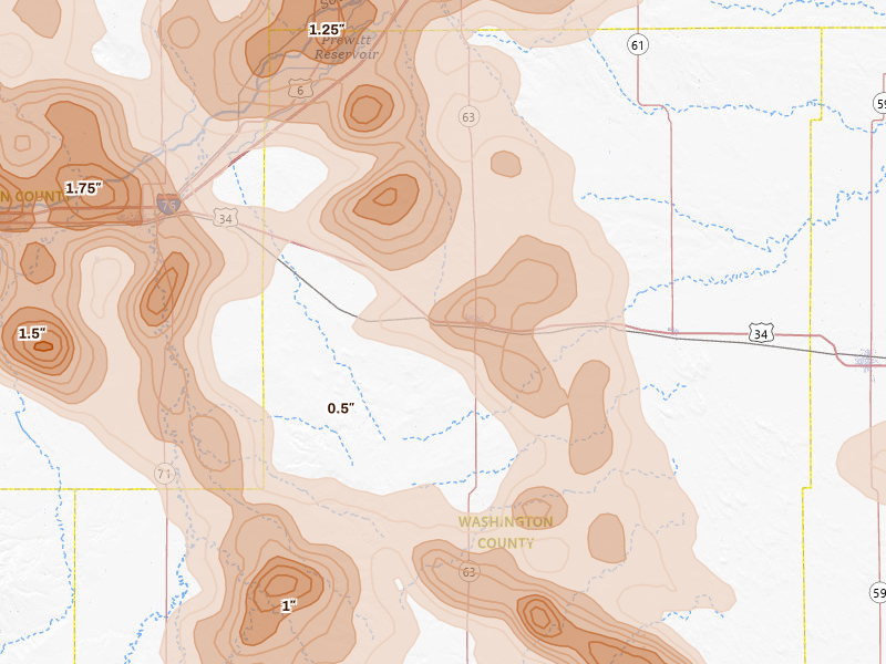 Radar-estimated hail-size map of the storm over Akron, CO on Jun 24, 2026