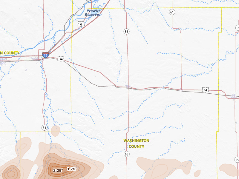 Radar-estimated hail-size map of the storm over Akron, CO on Jul 2, 2026