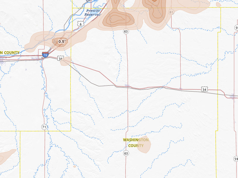 Radar-estimated hail-size map of the storm over Akron, CO on Jul 3, 2026