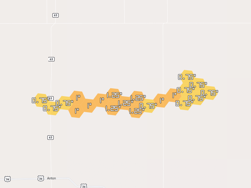 Hail map of Akron, CO on Jul 3, 2026, hail up to 1.25"