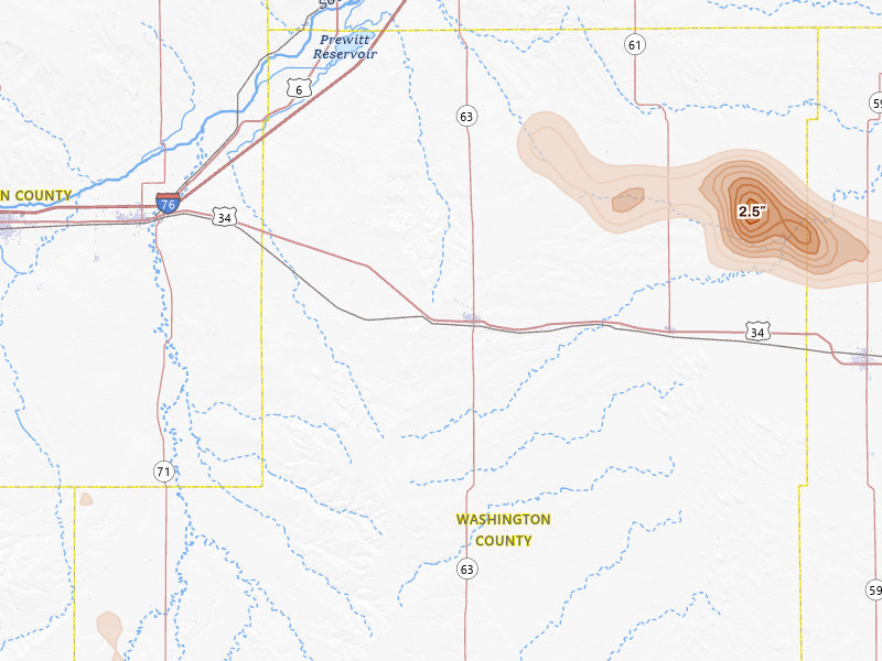 Radar-estimated hail-size map of the storm over Akron, CO on Jul 4, 2026