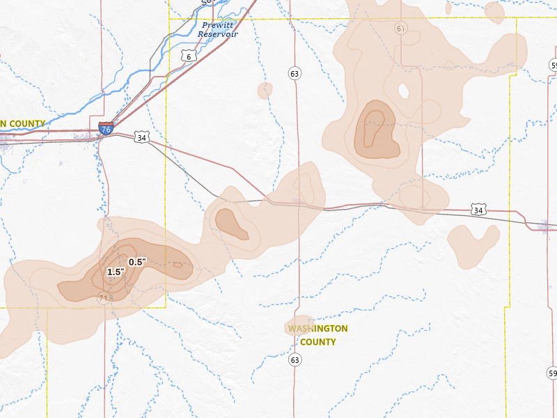 Radar-estimated hail-size map of the storm over Akron, CO on Jul 9, 2026
