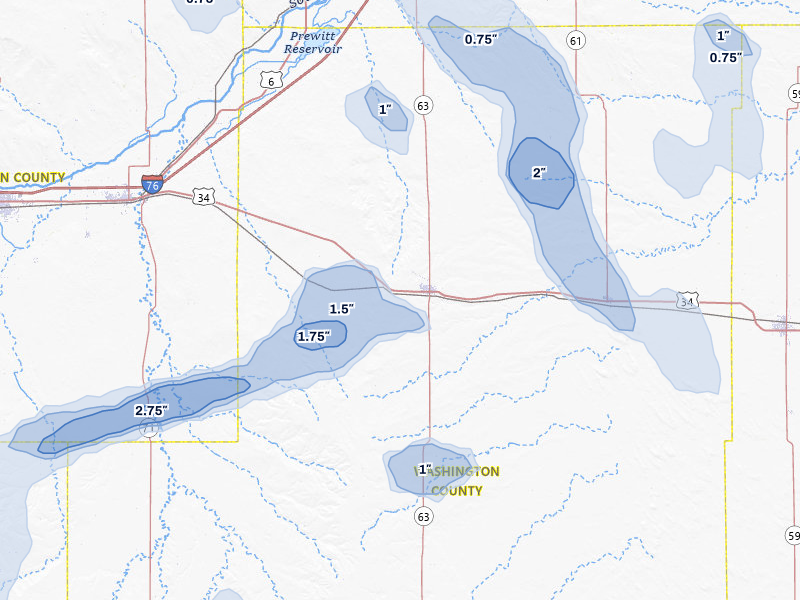 NEXRAD radar-signature map of the hail storm over Akron, CO on Jul 9, 2026