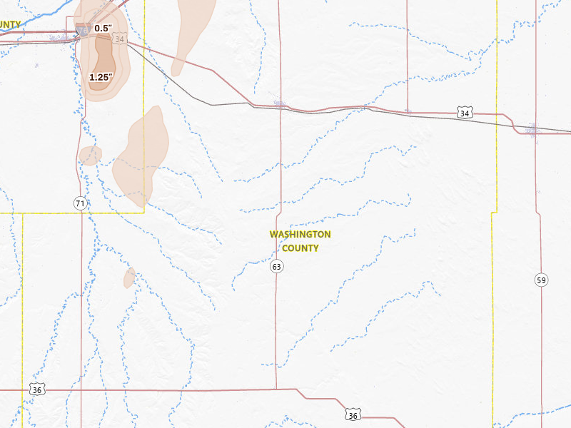 Radar-estimated hail-size map of the storm over Akron, CO on Jul 22, 2026